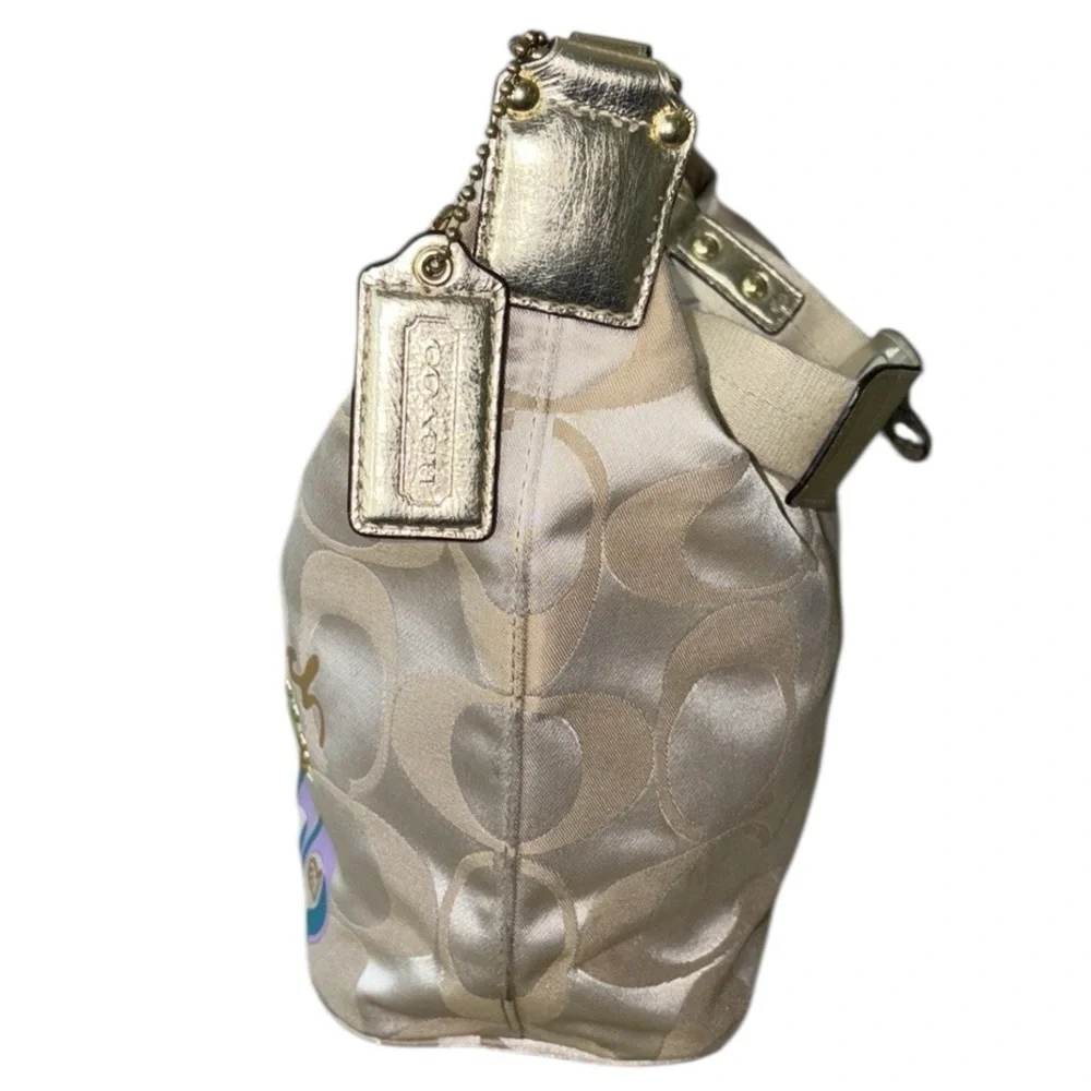 COACH Poppy Khaki Sateen Logo Multicolor Applique Shoulder Hobo Bag - F17586